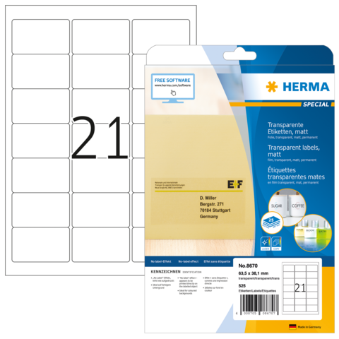 Transparente Etiketten von Herma, Packung mit 21 Etiketten, inklusive Softwarehinweis. Maße: 63,5 x 38,1 mm.