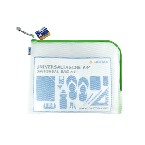 Transparente Universaltasche A4 mit grüner Reißverschlusskante und verschiedenen Symbolen für die Aufbewahrung von Gegenständen.