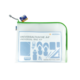 Transparente Universaltasche A4 mit grüner Reißverschlusskante und verschiedenen Symbolen für die Aufbewahrung von Gegenständen.