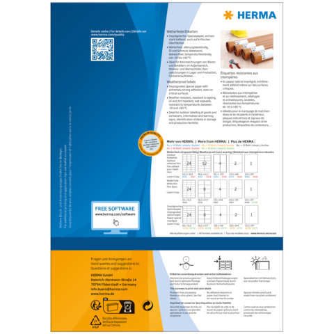 Rückseite eines Produkts von HERMA mit Informationen zu Software, Anwendungshinweisen und einem QR-Code.