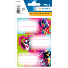 Étiquettes colorées avec des motifs musicaux, offrant de l'espace pour des inscriptions. Les designs présentent des figures stylisées portant des écouteurs et des éléments graphiques.