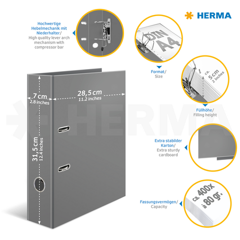 Dossier à anneaux gris avec mécanisme de levage, dimensions 31,5 cm x 28,5 cm x 7 cm, adapté pour des documents A4, capacité d'environ 400 feuilles.