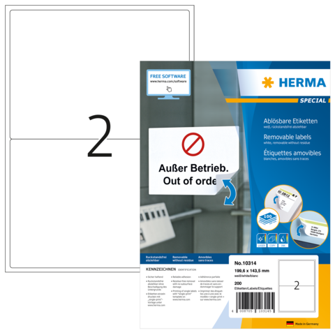 Ablösbare Etiketten mit der Aufschrift "Außer Betrieb" und "Out of order", verpackt in einer Herma-Hülle.