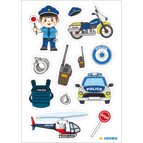 Polizist mit Verkehrspoller, Polizeimotorrad, Funkgerät, Handschellen, Polizeiauto, Hubschrauber und Stoppschild.