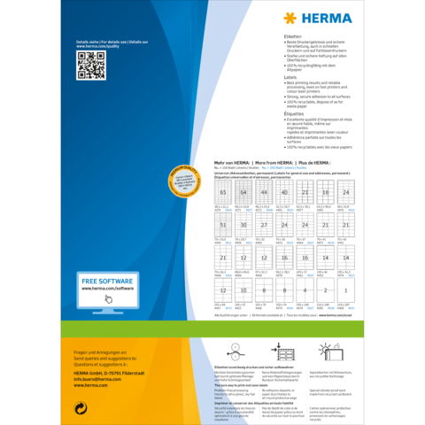 HERMA Produktinformationen mit QR-Code, Software-Hinweis und einer Übersicht von Etikettenformaten sowie Anwendungshinweisen.