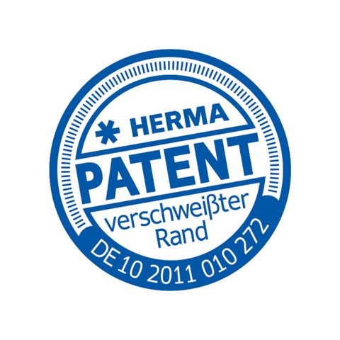 Herma Patentstempel mit der Aufschrift "PATENT verschweißter Rand" und der Nummer "DE10 2011 010 272".