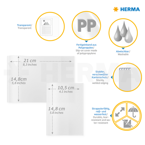 Chemises en polypropylène transparentes, essuyables, stables et imperméables. Dimensions : 21 x 14,8 cm et 10,5 x 14,8 cm. Idéales pour les documents.
