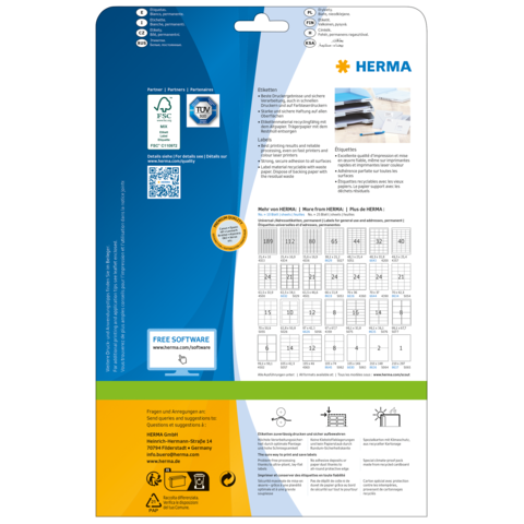 Rückseite einer Verpackung mit Informationen zu HERMA Produkten, einschließlich QR-Code, Softwarehinweis und Anwendungsanleitungen.