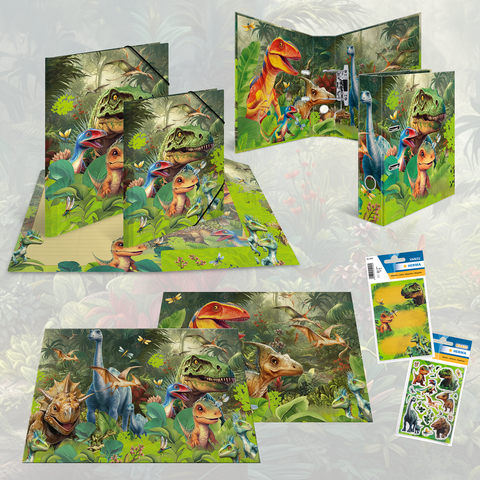Dossiers et classeurs sur le thème des dinosaures avec des illustrations colorées de différents dinosaures dans un environnement de jungle. Contient également des autocollants.