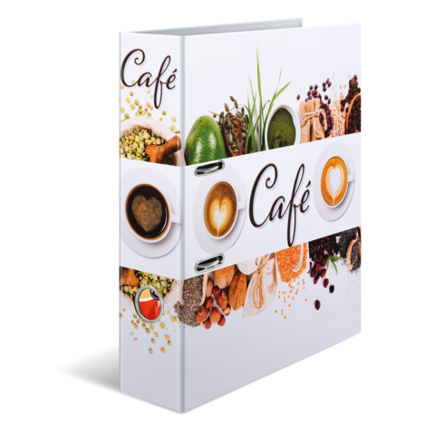 Ein Café-Menü mit einer dekorativen Front, die verschiedene Zutaten und Getränke zeigt, darunter Kaffee mit Herzmuster.