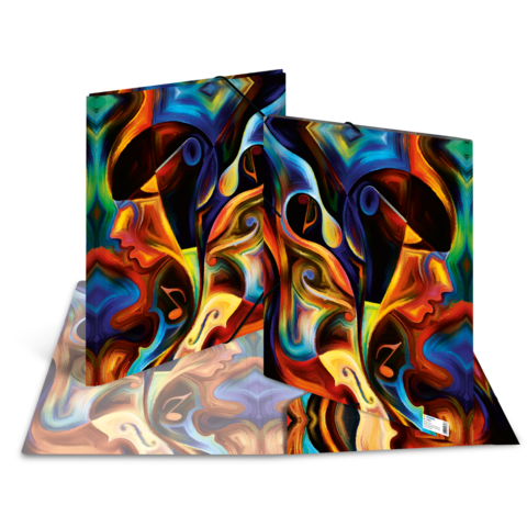 Bunte, abstrakte Kunstwerke mit geschwungenen Formen und Gesichtern in lebhaften Farben, die auf einem Tisch angeordnet sind.