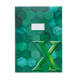 Grünes Notizbuch mit hexagonalem Muster und einem großen, stilisierten "X" auf der Vorderseite. Ein beschriftbares Feld ist ebenfalls vorhanden.