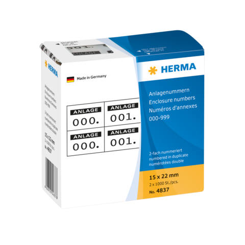 Verpackung mit HERMA-Anlagenummern, 2 x 1000 Stück, nummeriert von 000 bis 999, Größe 15 x 22 mm, hergestellt in Deutschland.