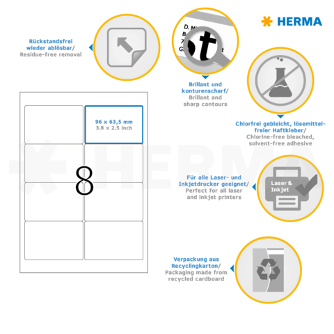 Selbstklebende Etiketten von HERMA, 96 x 63,5 mm, geeignet für Laser- und Inkjetdrucker, umweltfreundliche Verpackung aus recyceltem Karton.