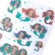 Glitzernde Meerjungfrauen-Sticker in verschiedenen Farben und Posen, umgeben von kleinen Blasen auf einem weißen Hintergrund.