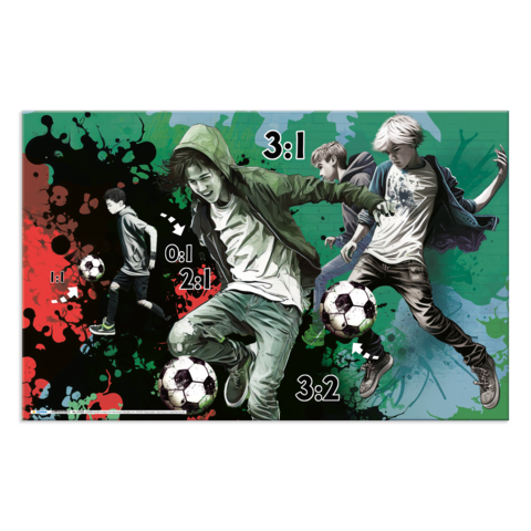 Fünf Kinder spielen Fußball, während verschiedene Spielstände (3:1, 2:1, 3:2, 0:1) angezeigt werden. Bunte grafische Elemente im Hintergrund.