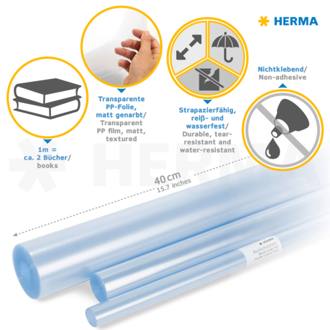 Transparente, matte PP-Folie in zwei Rollen, strapazierfähig, reiß- und wasserfest, nicht klebend. Ideal zum Schutz von Büchern.