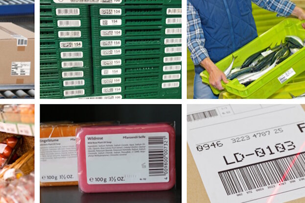 Différentes emballages et contenants étiquetés, y compris des cartons de transport, des contenants réutilisables, de la viande, des fruits et légumes, du savon, ainsi qu'un logo avec les lettres PPWR et des étoiles de l'UE.