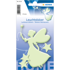 Leuchtende Aufkleber in Form einer Fee und Sternen, verpackt in einer blauen Verpackung mit dem Titel "Leuchtsticker".