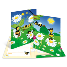 Bunte Mappe mit Bienen und Blumen auf grünem Hintergrund, Sonnenstrahlen und einem blauen Himmel. Ideal für Kinder.