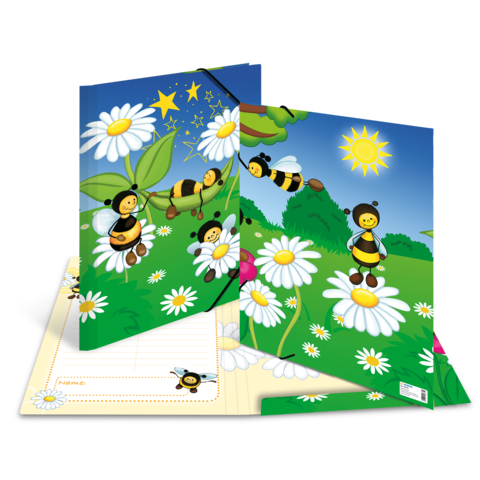 Bunte Mappe mit Bienen und Blumen auf grünem Hintergrund, Sonnenstrahlen und einem blauen Himmel. Ideal für Kinder.