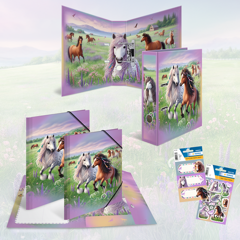 Un ensemble de fournitures scolaires, comprenant des classeurs et des autocollants, avec des motifs de chevaux dans un paysage rural.