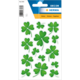 Grüne Kleeblatt-Aufkleber in verschiedenen Größen auf einem weißen Hintergrund, verpackt in einer dekorativen Blisterverpackung.