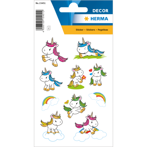Bunte Einhorn-Sticker in verschiedenen Posen, einige mit Blumen und Regenbögen, auf einem dekorativen Hintergrund.
