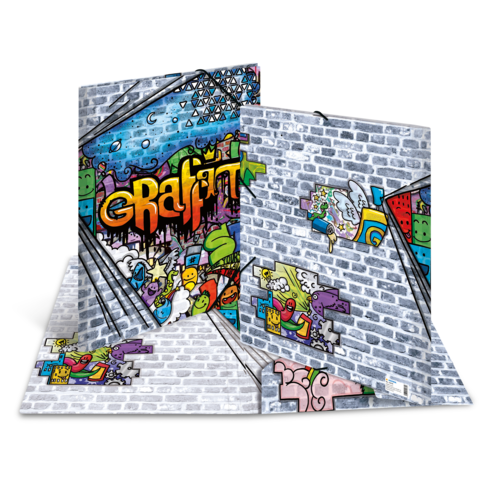 Bunte Graffiti-Kunst auf einer dreidimensionalen Wand, die verschiedene Figuren und Designs zeigt, vor einem Backstein-Hintergrund.