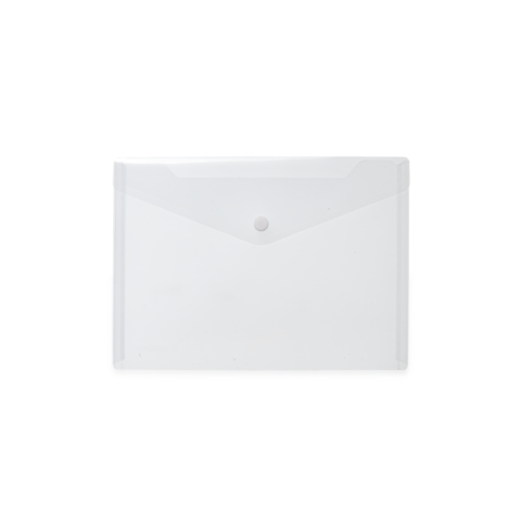 Transparente, rechteckige Kunststoffmappe mit Druckknopfverschluss. Ideal für die Aufbewahrung von Dokumenten oder Notizen.