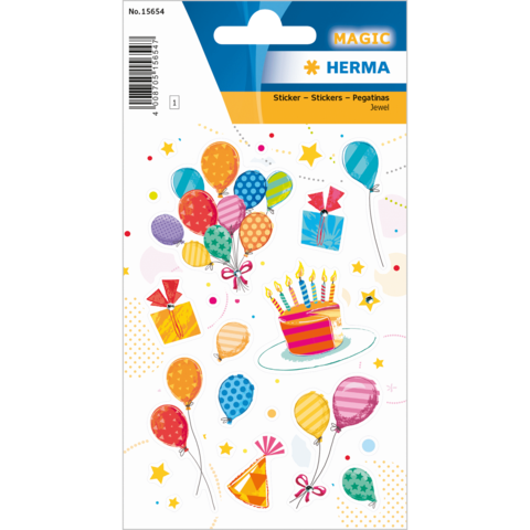 Bunte Aufkleber mit Luftballons, Geschenken und einer Geburtstagstorte, geeignet für Feierlichkeiten und Dekorationen.