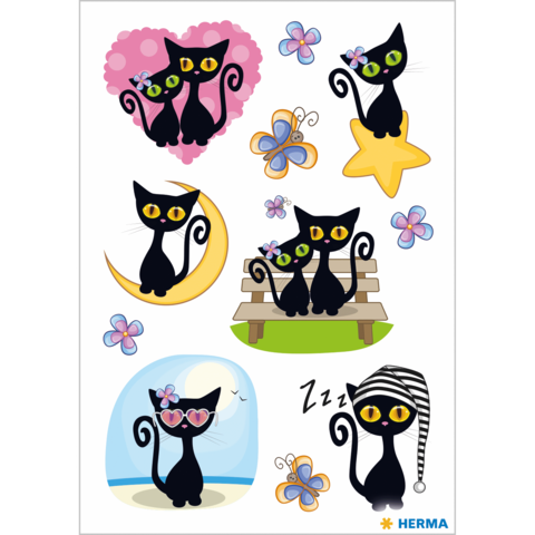 Kätzchen-Sticker in verschiedenen Posen: zwei schwarze Katzen mit großen Augen, umgeben von Blumen, Herzen, Sternen und einer Bank.