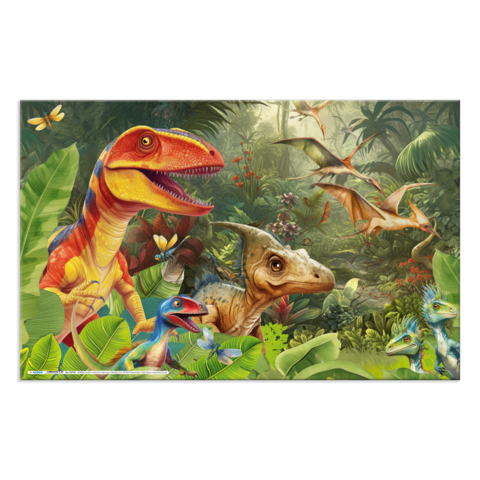 Bunte Dinosaurier in einer üppigen, tropischen Landschaft, umgeben von Pflanzen und fliegenden Insekten.