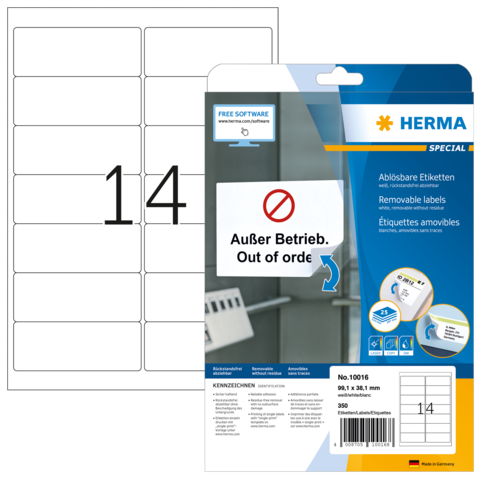 Ein Blatt mit ablösbaren Etiketten, verpackt in einer transparenten Hülle. Auf der Rückseite sind Anweisungen und eine Warnung "Außer Betrieb".
