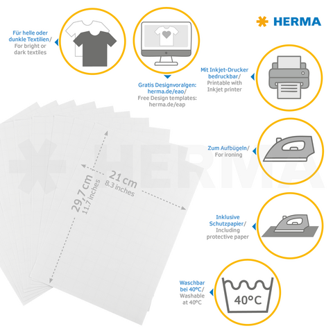 Papier de transfert pour textiles, imprimable avec une imprimante à jet d'encre. Comprend du papier de protection, lavable à 40°C, adapté aux tissus clairs et foncés.