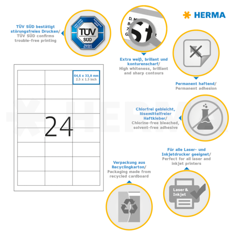Etiketten mit der Größe 64 x 33 mm, permanent haftend, geeignet für Laser- und Inkjetdrucker, umweltfreundliche Verpackung.