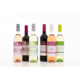 Sechs Flaschen Wein in verschiedenen Farben: Rosé, Rot, Weiß und Blush, jeweils mit Etiketten, die den Weinnamen und Jahrgang zeigen.