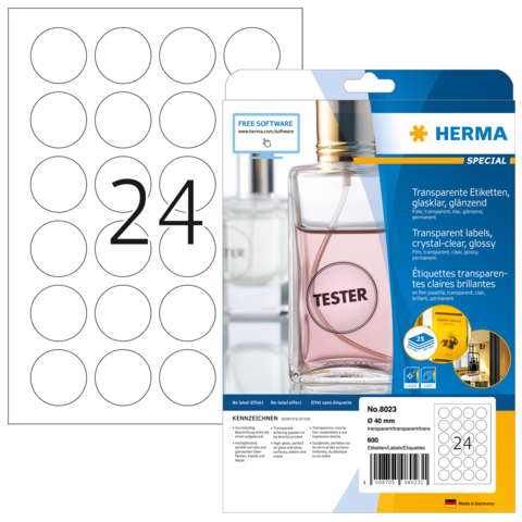 Transparente Etiketten von Herma, glänzend, für Testerflaschen, mit 24 runden Aufklebern auf einem Bogen.