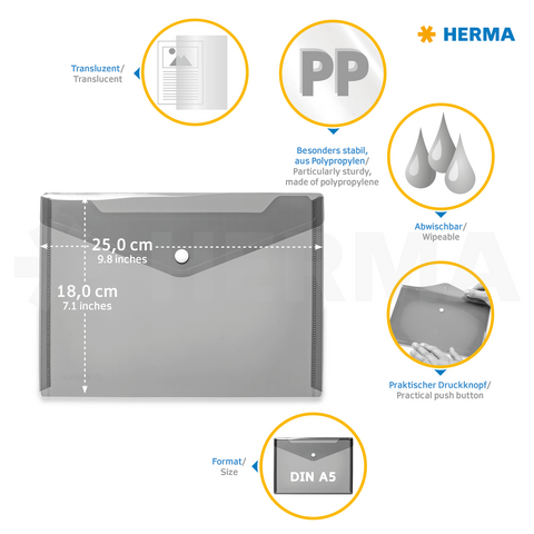 Chemise A5 transparente en polypropylène, lavable, avec un bouton-pression pratique. Dimensions : 25 cm x 18 cm. Idéale pour les documents.