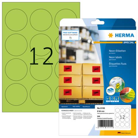 Neon-Etiketten auf einem Bogen mit 12 runden Aufklebern, verpackt in einer blauen Verpackung von Herma.