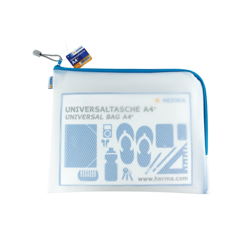 Universaltasche A4 mit verschiedenen Symbolen für Nutzungsmöglichkeiten, in transparentem Material mit blauer Umrandung.