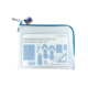Universaltasche A4 mit verschiedenen Symbolen für Nutzungsmöglichkeiten, in transparentem Material mit blauer Umrandung.