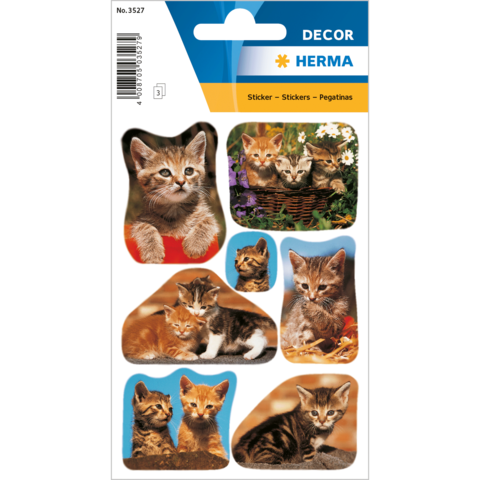 Aufkleber mit verschiedenen Katzenmotiven, darunter Kätzchen in einem Korb und spielende Katzen.