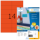 Farbige Etiketten auf einem Bogen mit der Nummer 14, verpackt von Herma, mit Informationen zur Verwendung und Eigenschaften.