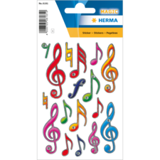 Bunte Musiknoten-Sticker in verschiedenen Formen und Farben auf einem Trägerblatt. Ideal für kreative Projekte oder zum Dekorieren.