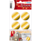 Goldene, runde Aufkleber in vier Stückzahlen auf einer Verpackung, geeignet für Dekoration oder Geschenkverpackungen.