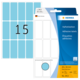 Blaue Haftetiketten in der Größe 20 x 50 mm, 32 Stück pro Packung, mit der Nummer 15 auf einem der Etiketten.