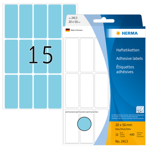 Blaue Haftetiketten in der Größe 20 x 50 mm, 32 Stück pro Packung, mit der Nummer 15 auf einem der Etiketten.