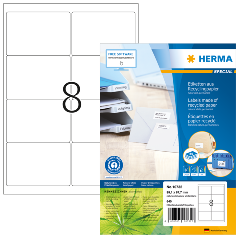 Etikettenbogen aus Recyclingpapier mit acht Etiketten, verpackt von Herma. Enthält Informationen zur Software und Verwendung.