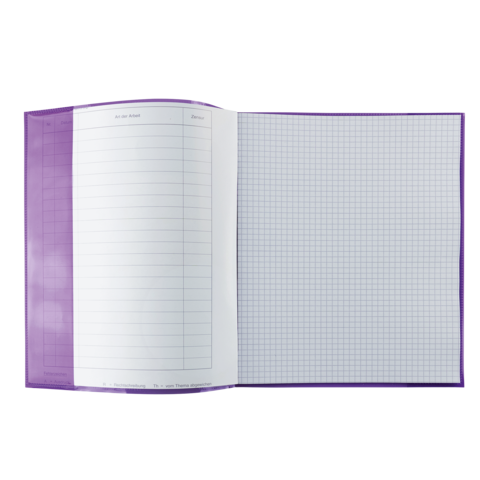 Ein offenes Notizbuch mit liniertem und kariertem Papier in lila Einband.
